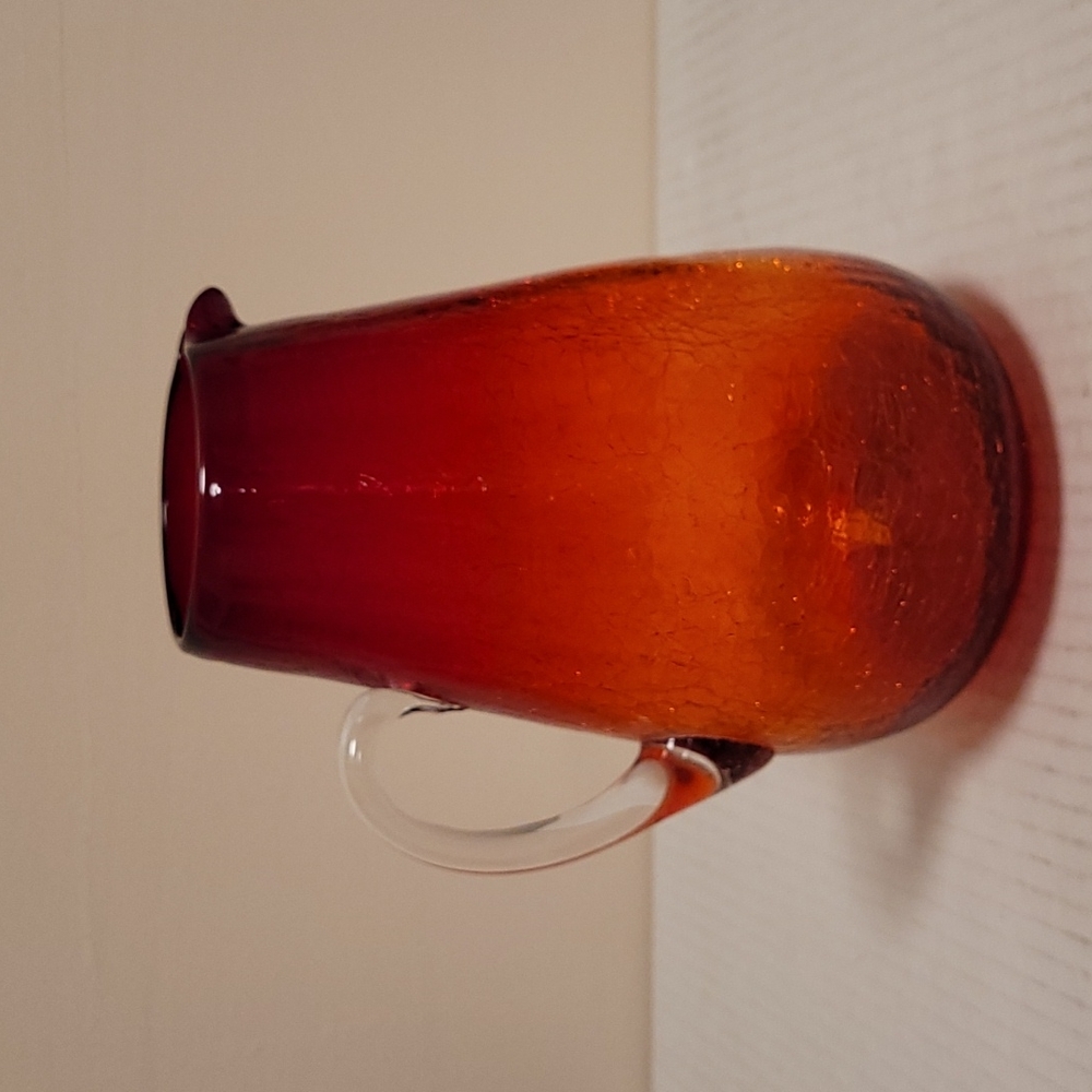 Vintage Hand Blown Ruby Red Crackled Glass Pitcher - Picture 7 of 16